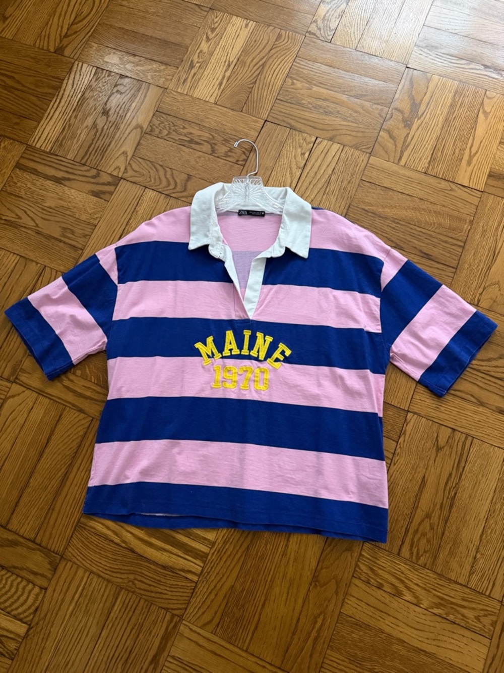 ZARA Maine 1970 Blue & Bubblegum Pink striped Polo Top | Sz L